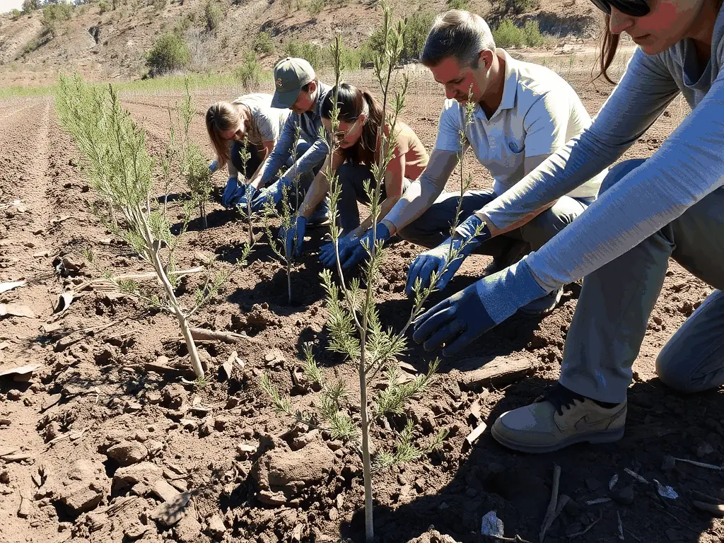 A vibrant image showcasing volunteers planting native vegetation along a riverbank to restore habitat, emphasizing community involvement and environmental stewardship.