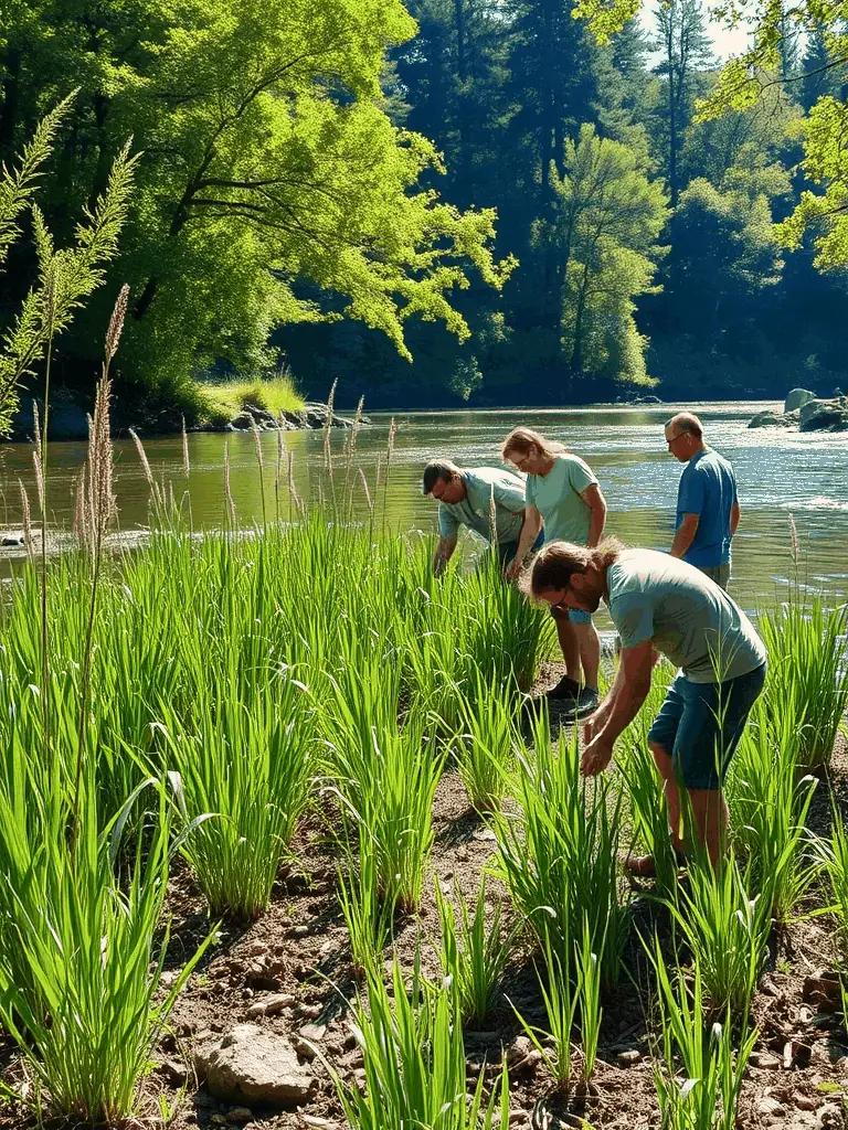 A vibrant image depicting volunteers planting vegetation along a riverbank to restore the natural habitat, showcasing the organization's commitment to habitat restoration.
