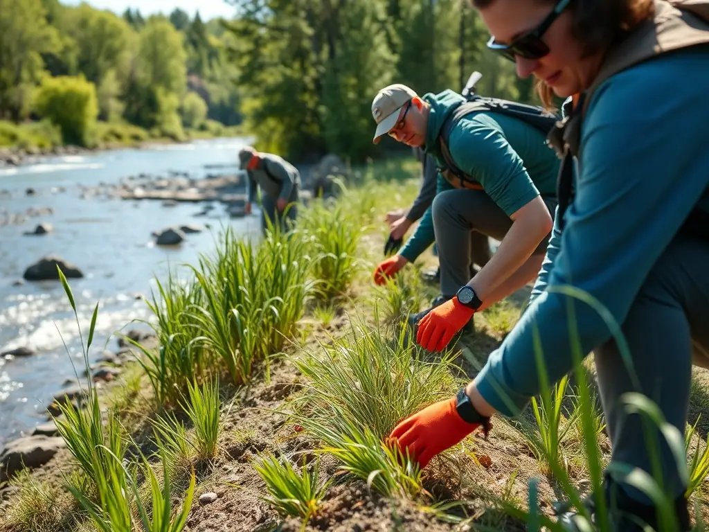 A group of volunteers planting vegetation along a riverbank to restore the habitat.