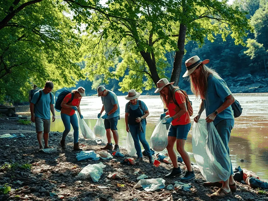 A photograph of community members participating in a river cleanup event, demonstrating the power of collective action in protecting local waterways.