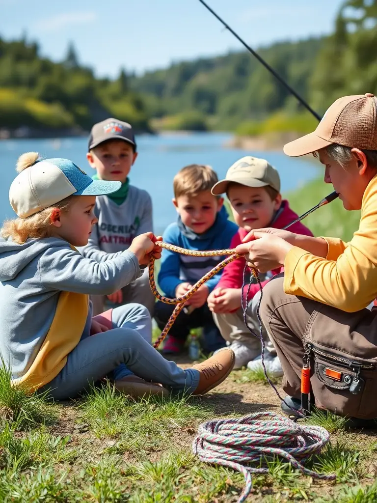 A photo of a group of children participating in a fishing education workshop, learning about responsible fishing practices and aquatic conservation.