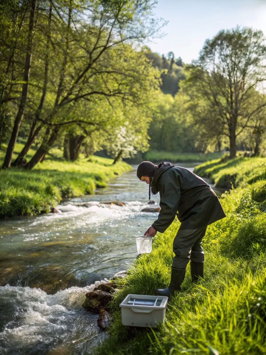 An image showing researchers collecting water samples from a local river to monitor water quality and assess the health of the aquatic ecosystem.